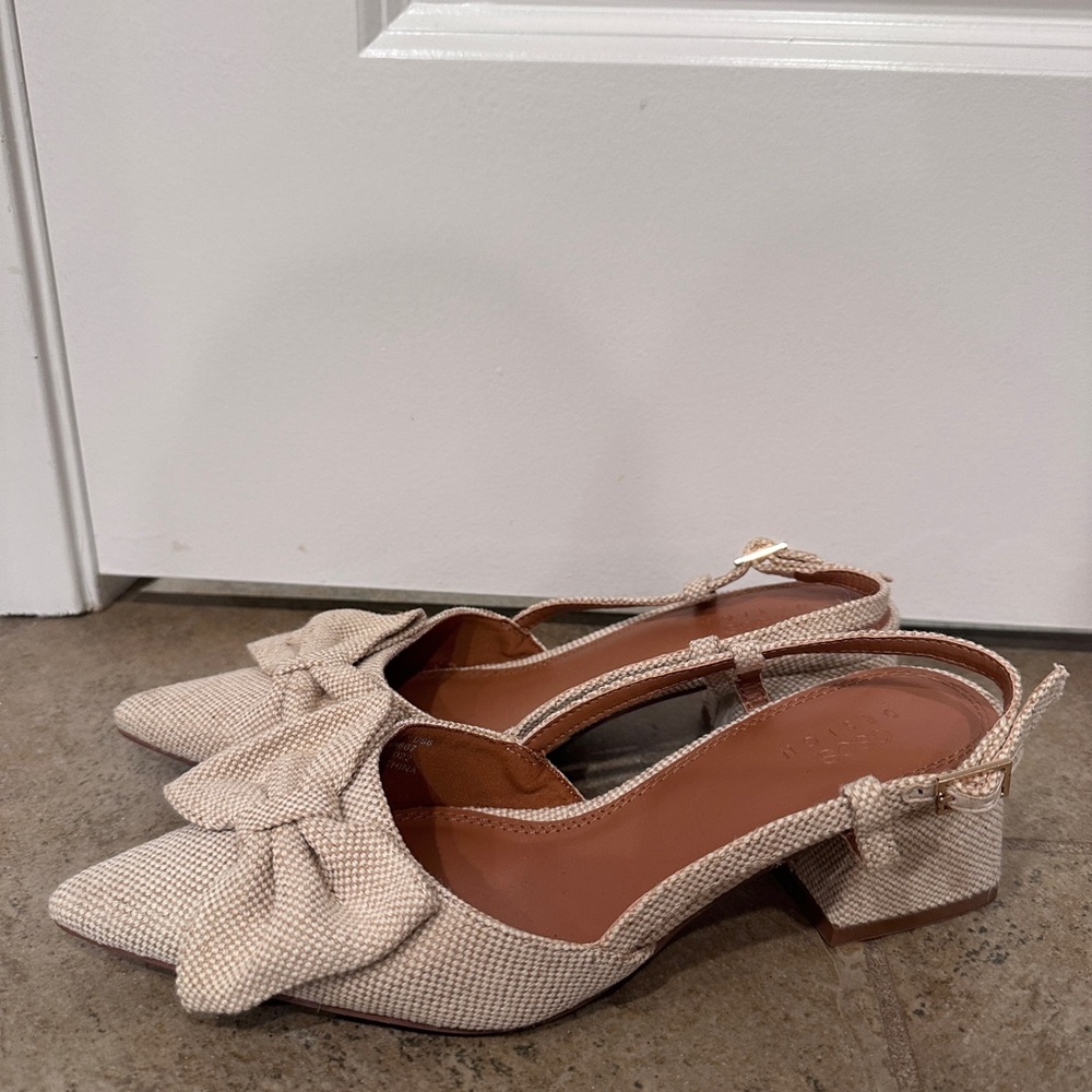 ASOS Design Suzy bow sling back mid heeled shoes in natural